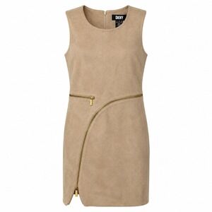 DKNY Faux Suede Moto Dress Women Size 10 90s Supermodel Downtown Chic Taupe
